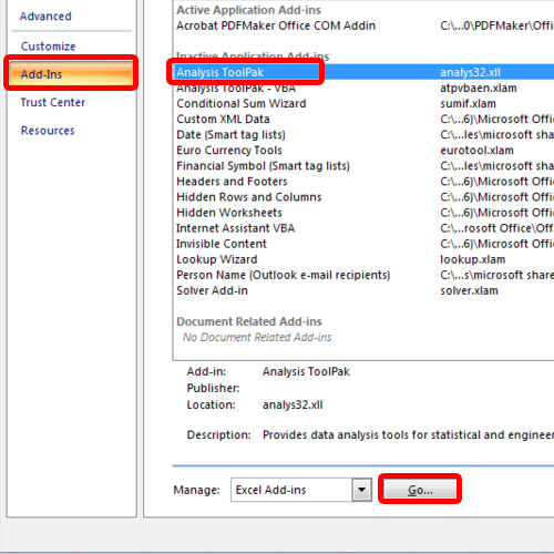 Step 3 – Activate analysis toolpak