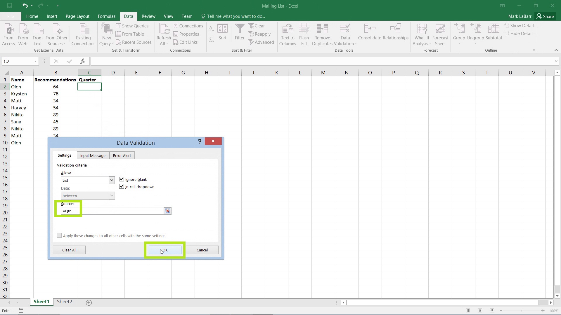 Add Title To Excel Drop Down List