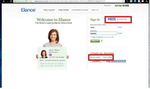 Login to Elance.com using your Google apps or Facebook account