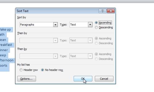 Choose sort settings