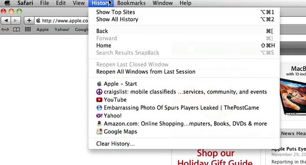 Delete Browsing history on a mac by going to history in Safari