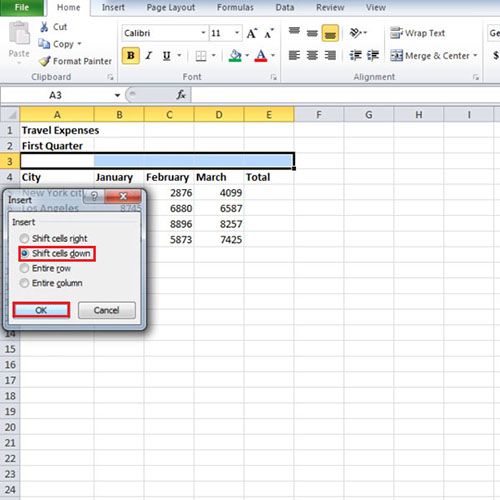 default excel shift cells right