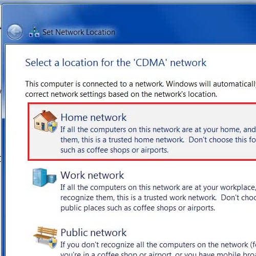 Select the Home Network location