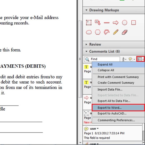 Select the export to Word option