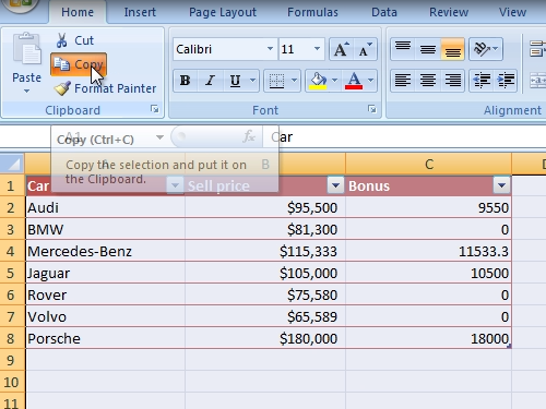 Copy the Excel data to the clipboard