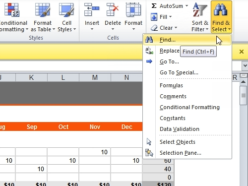 where is find all in excel 2010 for mac