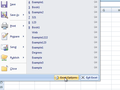 Open Excel options dialogue