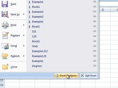 Open Excel options dialogue