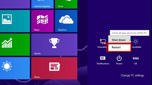 Choosing to restart Windows 8