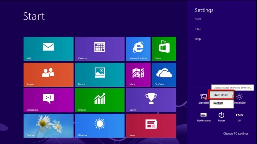 Choosing to shut down Windows 8