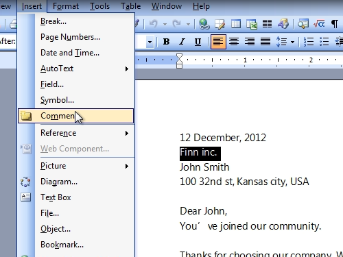 how to insert comments in word document