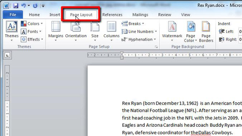 Selecting the Page Layout tab