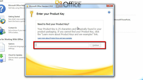 enter product key office 2010