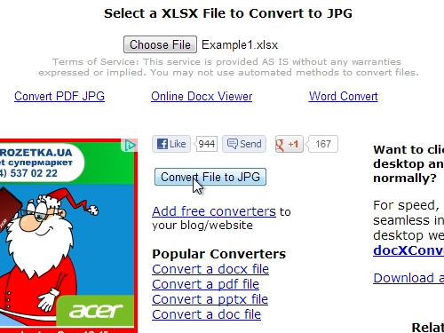 Convert Excel document in the JPEG picture