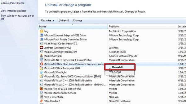 uninstall all microsoft office programs