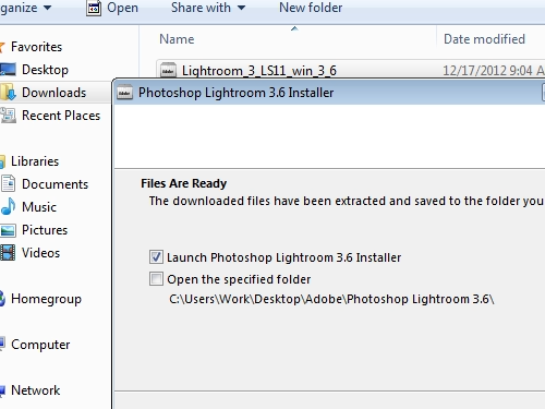 Check the option Launch Photoshop Lightroom 3.6 Installer