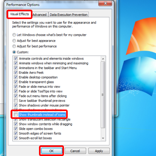 Unchecking the thumbnails option in the Visual effect tab