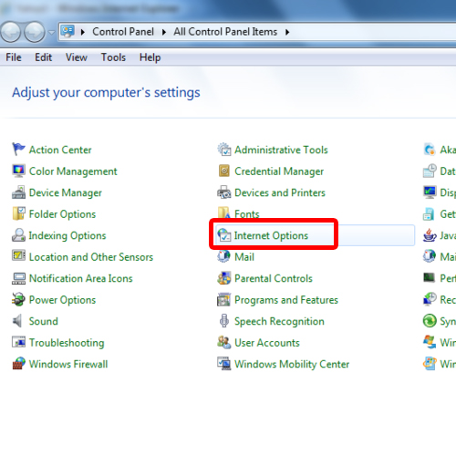 Go to Internet Options via the Control Panel