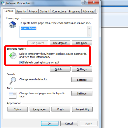 delete browsing history on exit internet explorer 7