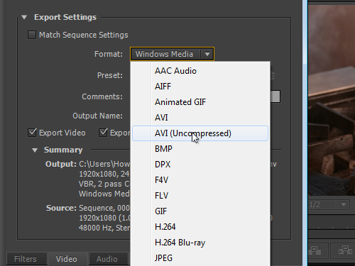 Select the output format of the video from the drop-down list