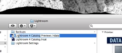 locate the Previews.lrdata file in Finder