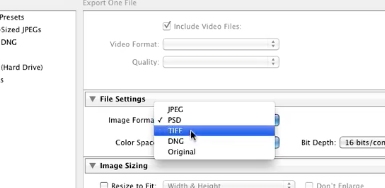 select the image format TIFF under file settings