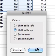 choose how you want to delete the cells and click ok