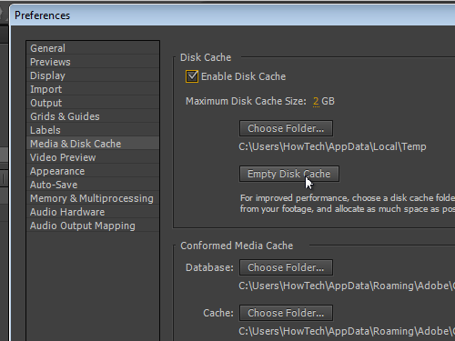 after effects empty disk cache