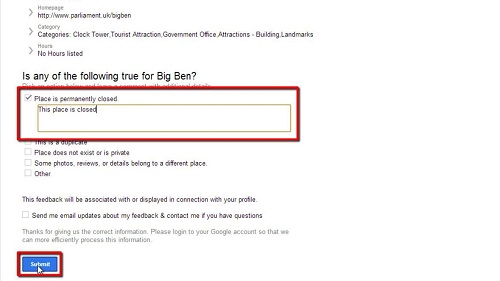 Informing Google that the place has been closed