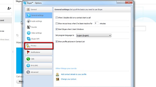 Opening Skype privacy settings