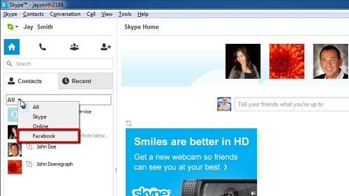 The Facebook option in Skype