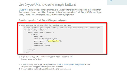 Copying the code for the Skype call button