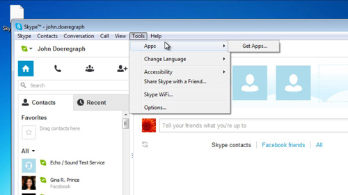 Accessing the Apps area of Skype