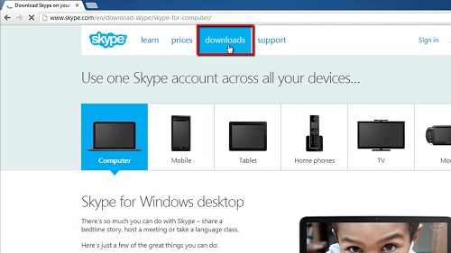 Navigating to Skype downloads