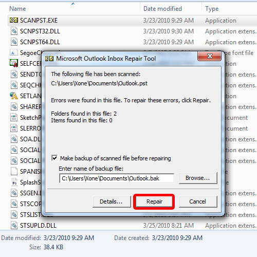 Repairing the pst file