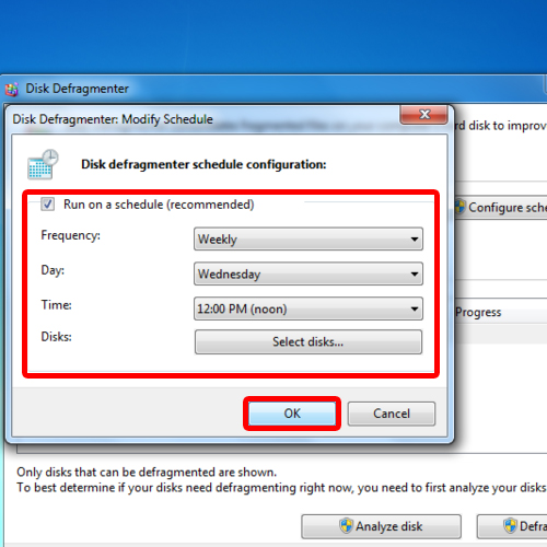 Setting up the defragmentation schedule