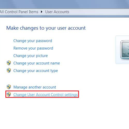 Click on the “Change User Account Control Settings