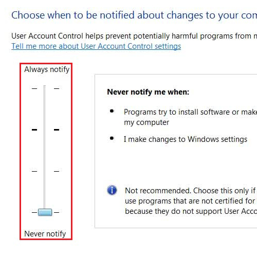 Disable the notification for user access control