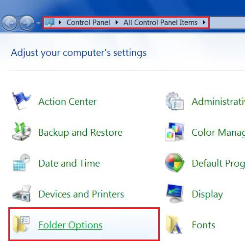 Open folder options from the control panel