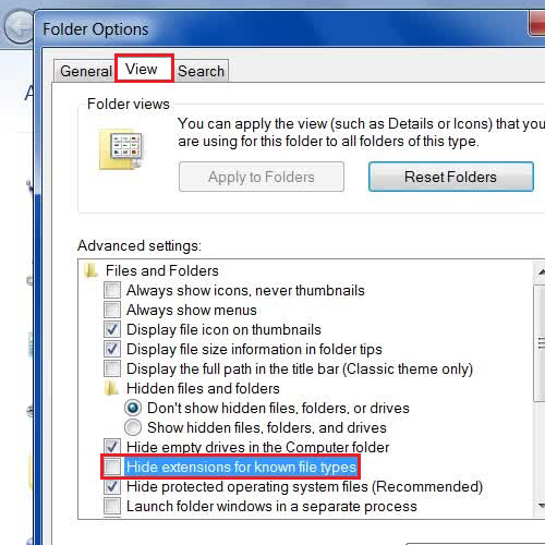 Click to disable the hide file extensions option