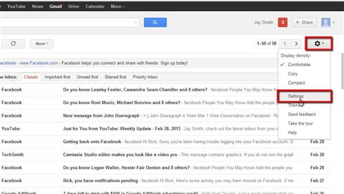 Opening the settings area of Gmail