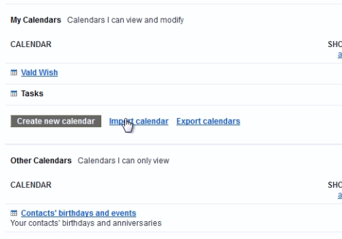 Import calendar