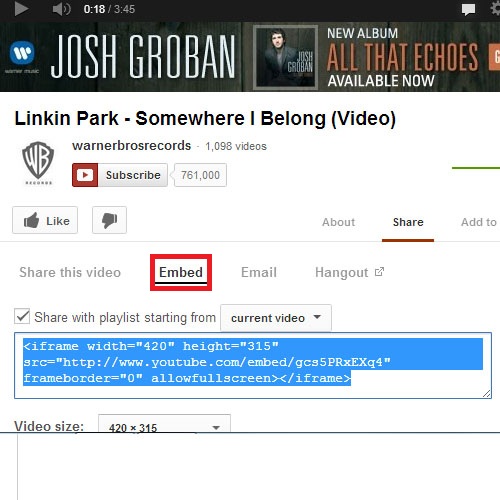 Getting the Embedded code from the YouTube Video