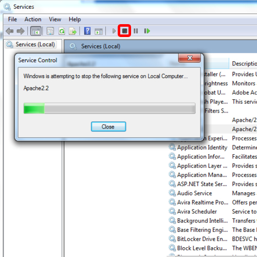 Stopping the apache service