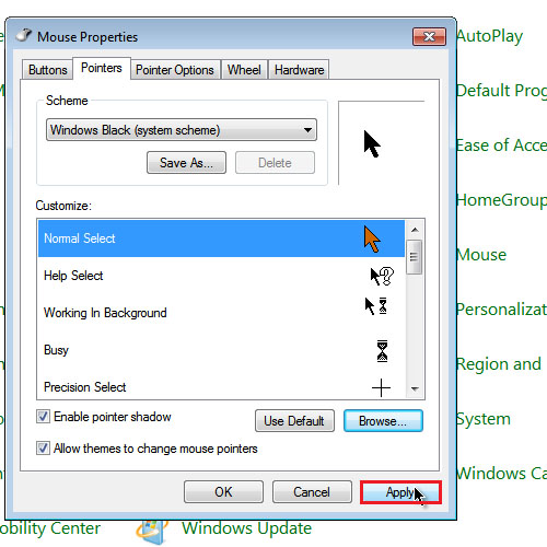 how to install a custom cursor in windows 7