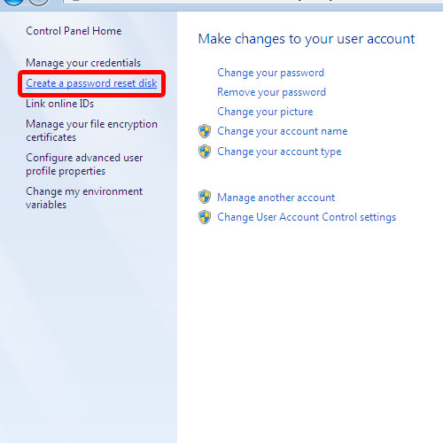 Create password reset disk option