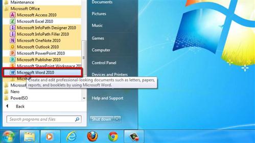 Opening Microsoft Word through the start menu