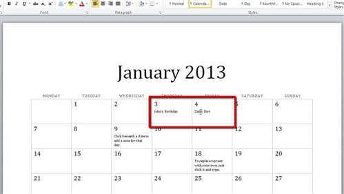 Adding entries to the calendar template