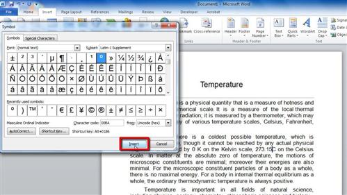 how to insert degree symbol in word