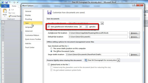 Adjusting the auto save options in Word